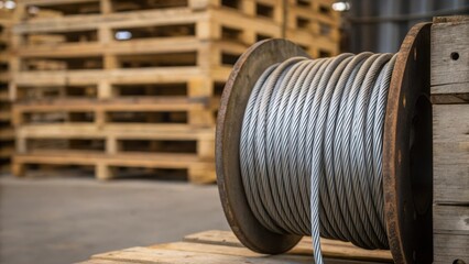 Focused shot of a metal spool partially filled with suspension cables positioned prominently against a backdrop of wooden pallets. The cables spiral outwards their tension evident
