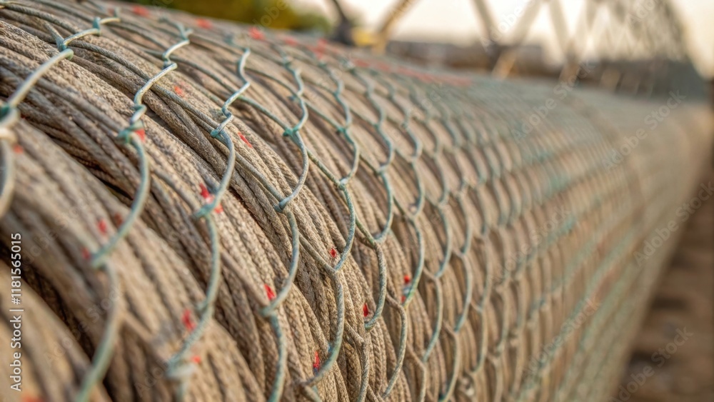 Aufkleber focus on the textured surface of a coiled protective fence with strands woven together revealing sub
