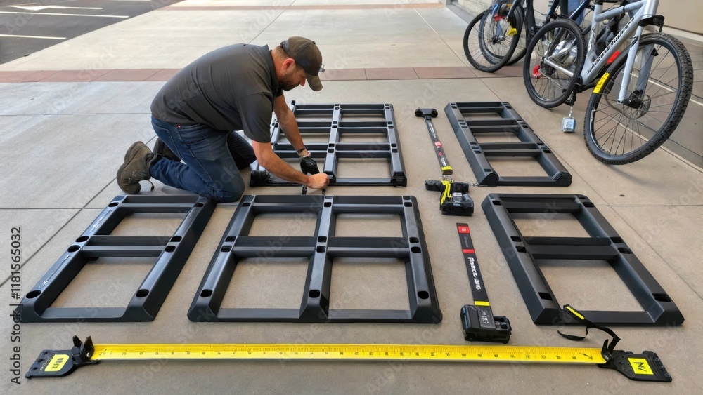 Fototapete Focus on the groundlevel installation of a modular bike rack where a worker meticulously aligns the elements for precision fitting. Tools and measuring devices are laid out nearby