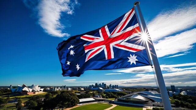 Close-up of Australian flag fluttering over city, sunny day

