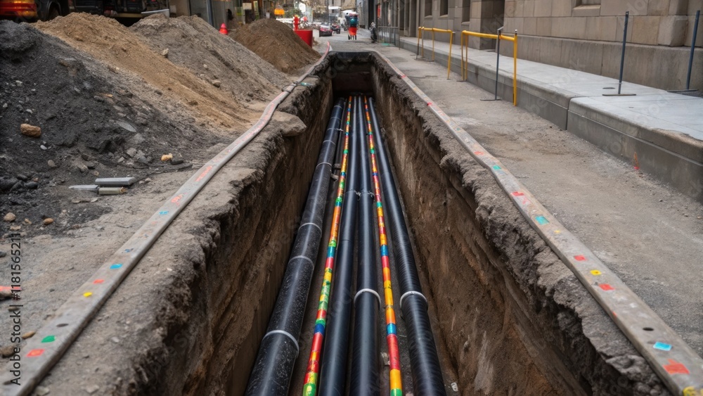 Poster inside an urban excavation site the trench curves around revealing a variety of conduit sizes nestle