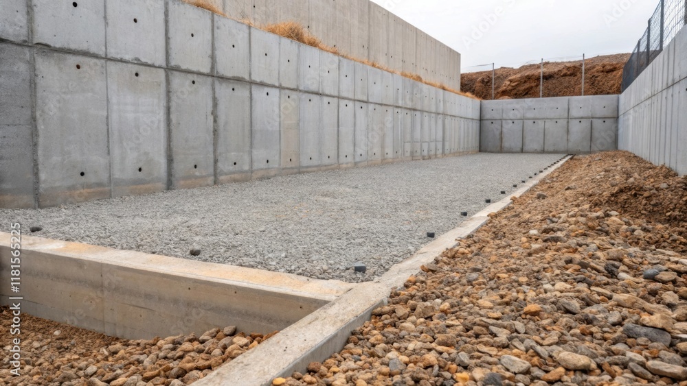 Poster Inspecting a section of the foundation the image portrays the gravel base and the embedding of large concrete anchors that secure the walls. The combination of earthy tones and the