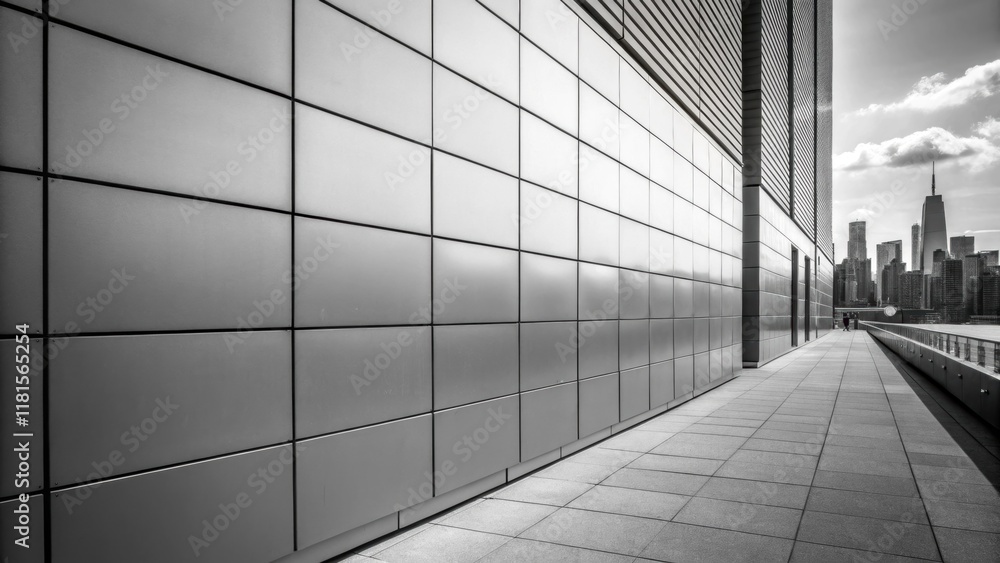 Aufkleber In a monochromatic scheme this image focuses on the interplay of light and shadow across the evenly spaced modular cladding panels. The smooth finish of the panels contrasts