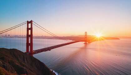 Fototapeta premium Golden Gate Bridge glowing at sunrise with calm waters
