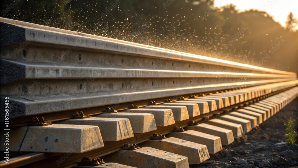 Poster Lines of precast concrete rail ties are meticulously arranged in a horizontal stack the light reflective off their smooth surfaces. The image captures summer dust particles