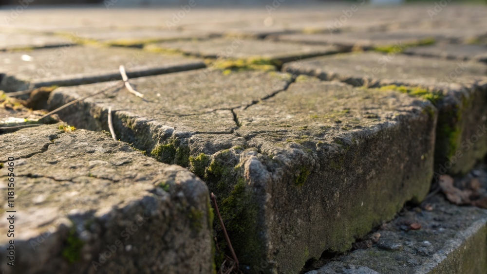Poster Intimate closeup of the surface of a precast concrete segment that has been partially weathered showing evidence of wear from exposure to the elements. Moss and small cracks start