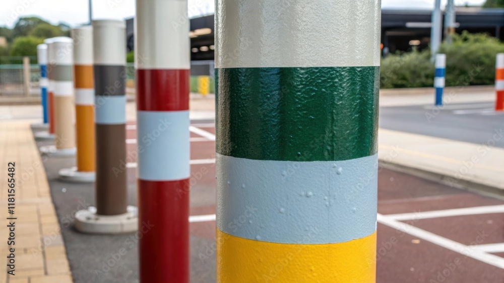 Poster Isolated within a staging area a light pole exhibits a series of color samples painted on its surface illustrating options for customization. This closeup accentuates the