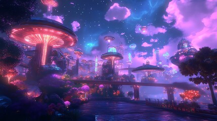 Fototapeta premium Frontal view of a vibrant fantasy cityscape