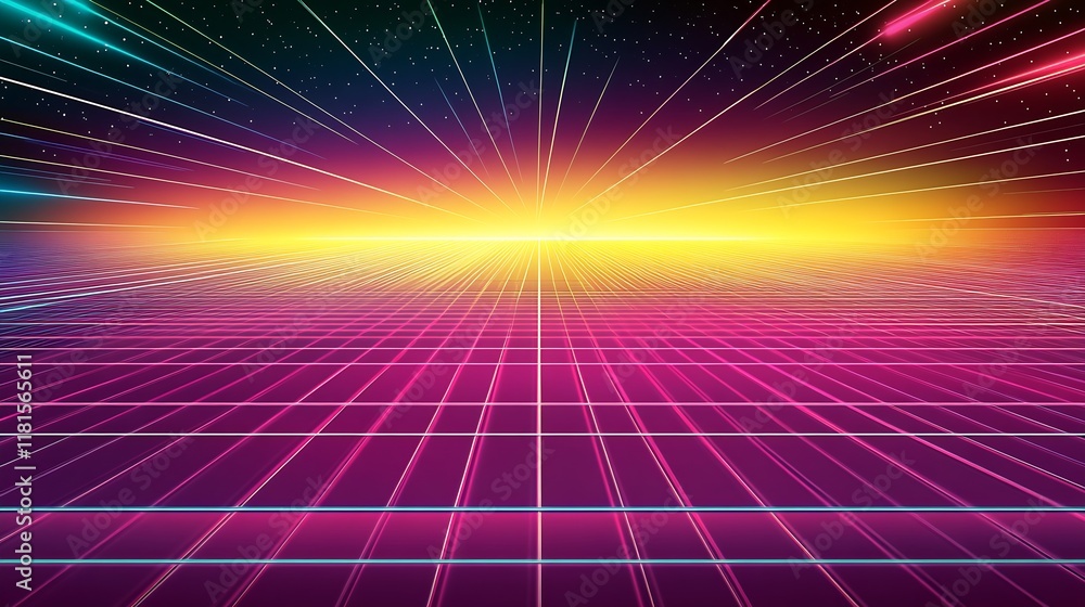 Poster retro futuristic sunset with starry sky and grid lines evoking an 80s sci-fi aesthetic : generative 