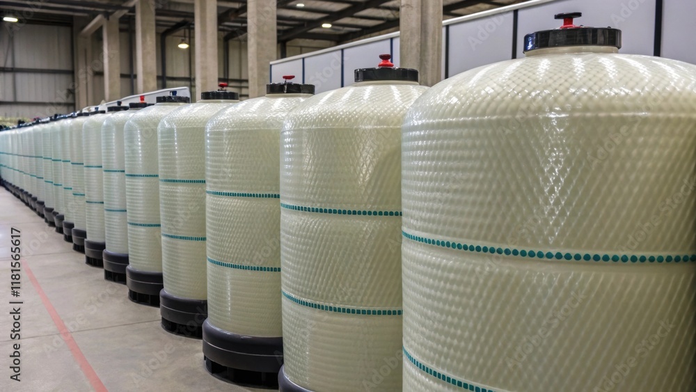 Aufkleber Rows of fiberglass composite tanks in various sizes each decorated with intricate ribbing designed for strength. The texture of the material contrasts with the glossy finish