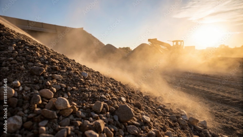 Aufkleber Side view of crushed aggregate poured into a construction site with the dust settling in the air creating an ambient haziness. The sun casts long shadows of the stones creating a