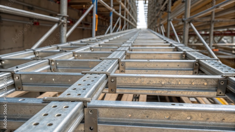 Aufkleber Overhead multiple brackets secure the cable trays to the scaffolding structure creating a visually striking pattern of linear design. The closeup view reveals the gleaming metallic