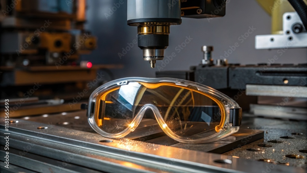 Poster reflective safety goggles catch the light as they focus intently highlighting the intricacy of the a