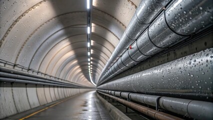 Pipes and ducts run along a tunnels curved ceiling with condensation forming droplets that cling to...