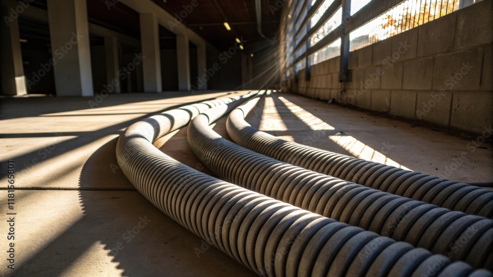 Poster Sunlight filters through a nearby structure casting dramatic shadows across a neatly coiled concrete pump hose. The play of light enhances the grooves and ridges of the hose