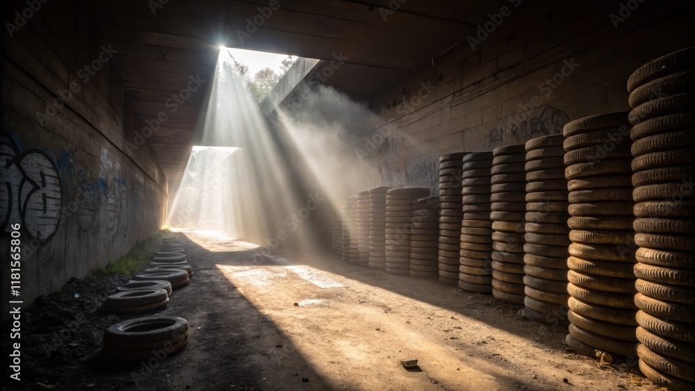 Aufkleber Sunlight filters in from an overhead opening casting dramatic contrasts on the stacked tunnel support rings. Dust particles float in the beam of light illuminating the rough