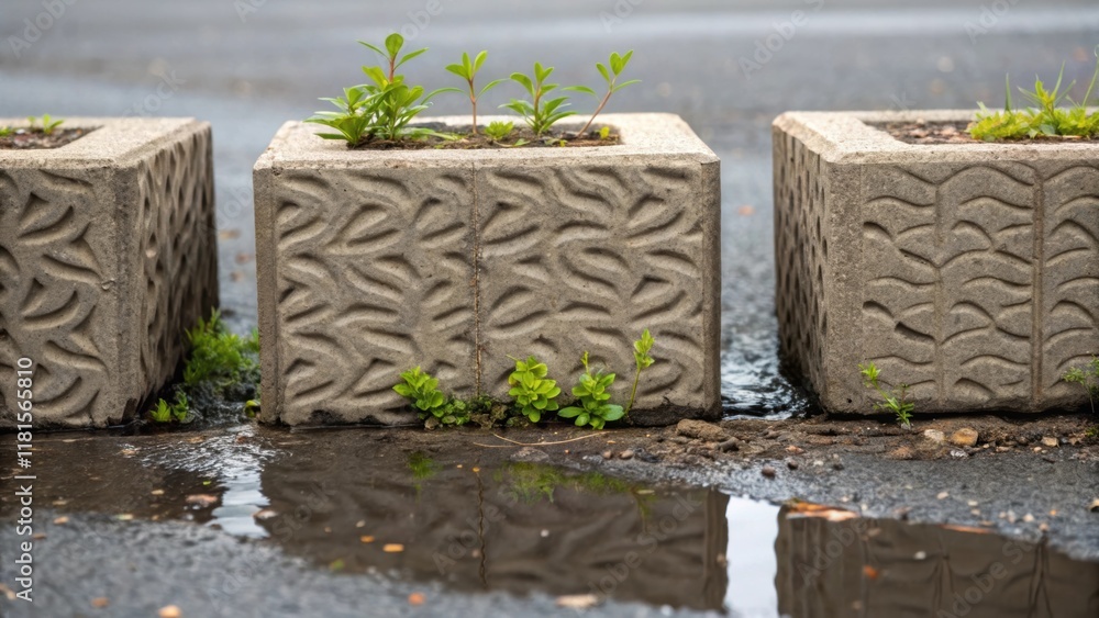 Aufkleber textured concrete barriers nestled close to the asphalt with water pooling at their base showcasing 