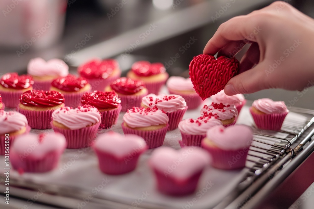 Aufkleber close up of a pastry chef adding a final touch to a batch of valentine's day cupcakes, creating a sw