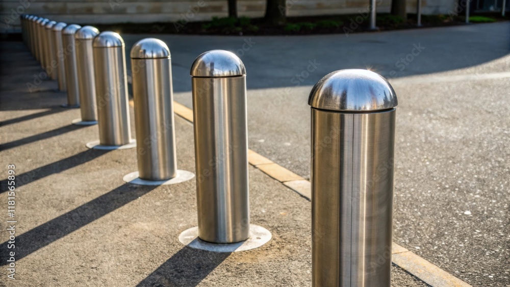 Poster the camera focuses on a set of stainless steel bollards arranged in a semicircle showcasing their po