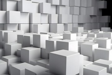 Minimalist and abstract composition of white cubes arranged in random offsets, dynamic block pattern with depth and texture, gradually fading into the background for a clean and modern design