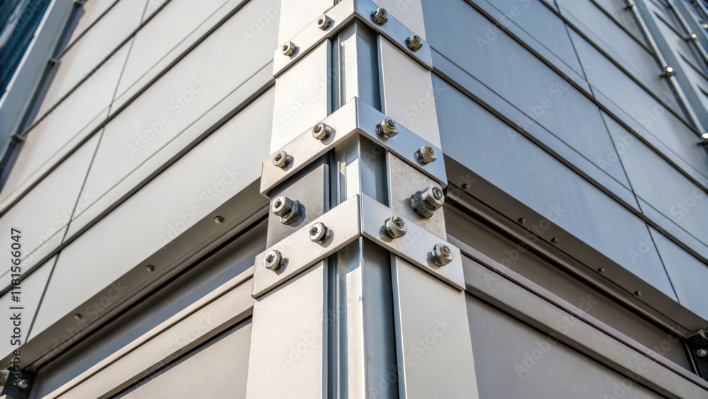 Poster The closeup emphasizes the joints and fasteners used to secure the modular panels together illustrating the engineering behind the facade. The industrial elements are juxtaposed