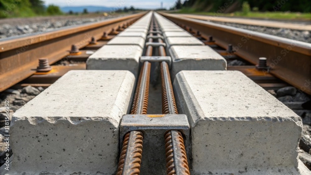Poster the camera zooms in on the underside of a precast concrete rail tie where steel rebar is integrated 