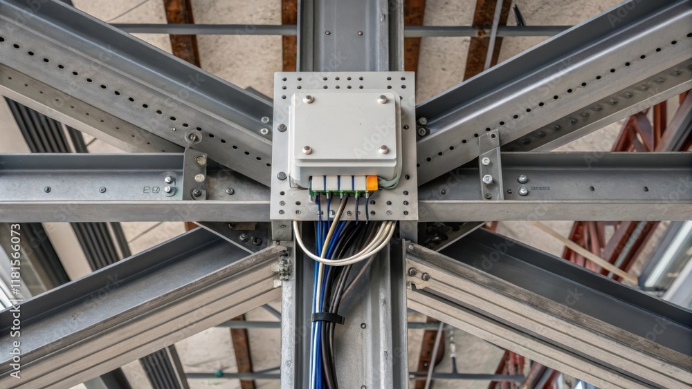 Poster the closeup reveals the junction box and electrical wiring integrated within the trusses hinting at 