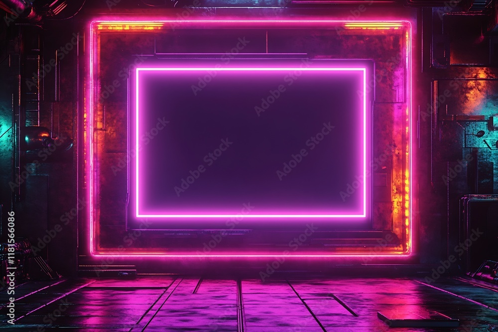 Poster vibrant neon glowing sci-fi frame in futuristic technological setting with retro vibes : generative 