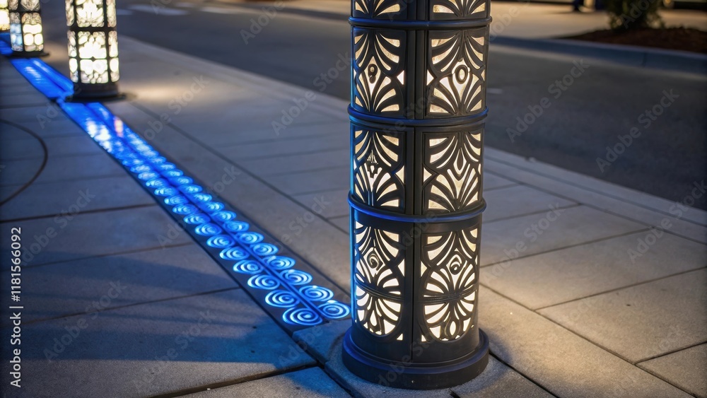 Poster The closeup reveals a beautifully designed modular lighting pole with a contemporary artistic flair. Decorative outs run vertically along the pole allowing soft patterns of light