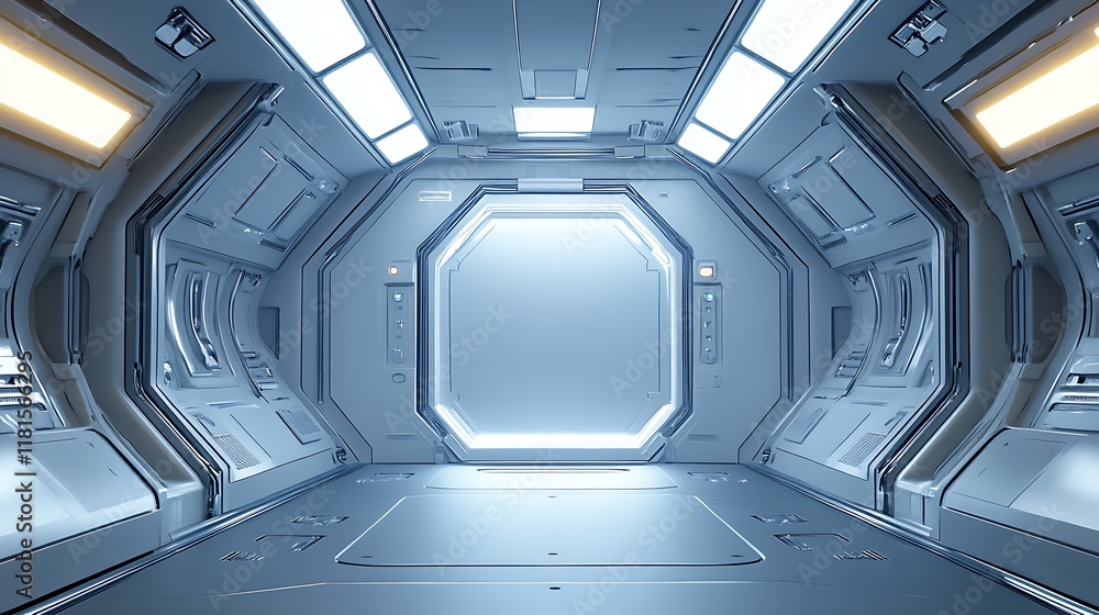 Aufkleber Futuristic SciFi Spaceship Corridor with Illuminated Panels Symmetrical Design : Generative AI