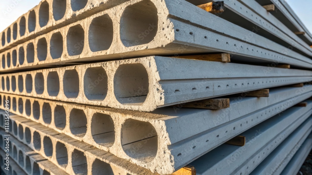 Poster The edges of a group of stacked precast viaduct sections are shown where the cooling process postmanufacture has left behind slight condensation patterns. The soft shadows cast by