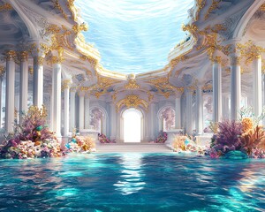 Submerged palace, underwater architecture, fantasy scene, coral, columns, archway, turquoise water, ethereal, dreamy, magical, light, beauty, ocean, sea, paradise.