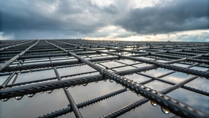 The dense network of steel wires in a square mesh formation reveals the strength and durability essential for supporting heavy loads. Tiny droplets of moisture cling to the surface