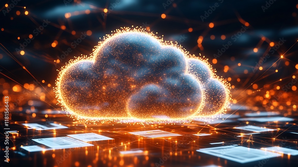 Poster Digital cloud technology with orange glowing connections for data transfer and storage : Generative AI