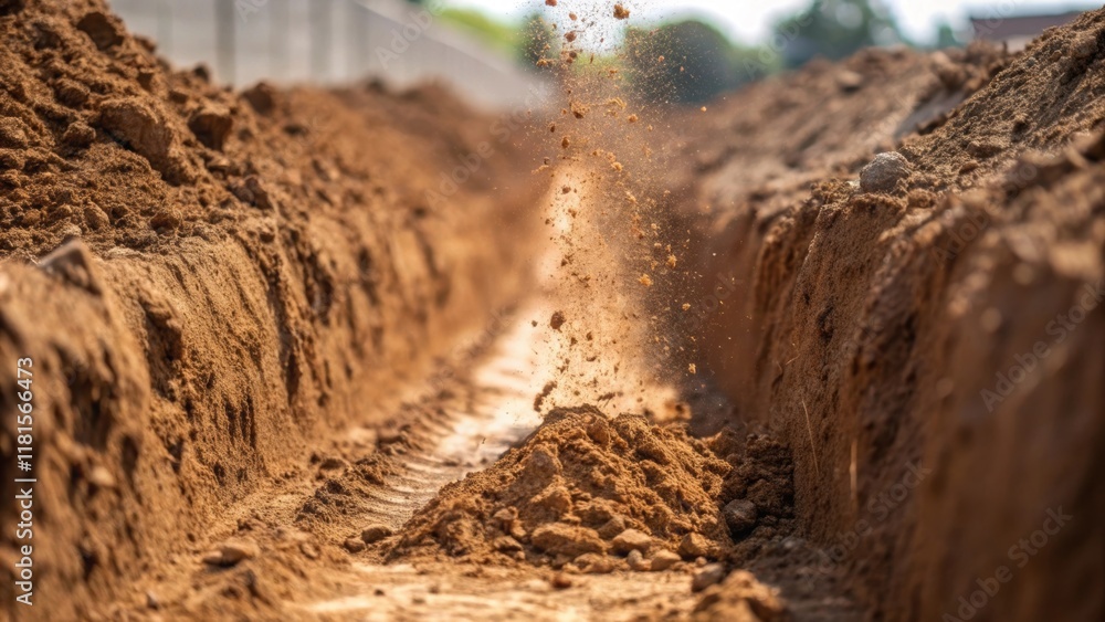 Poster The focus shifts to the side of a trench where loose soil is being odically shoveled from one of the nearby piles creating a cascade of dirt that glints with moisture. The dynamic