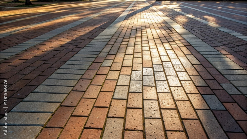 Aufkleber The focus shifts to the dynamic interplay between light and shadow across the rows of brick pavers. Sunlight casts intricate patterns on the surface enhancing the depth and