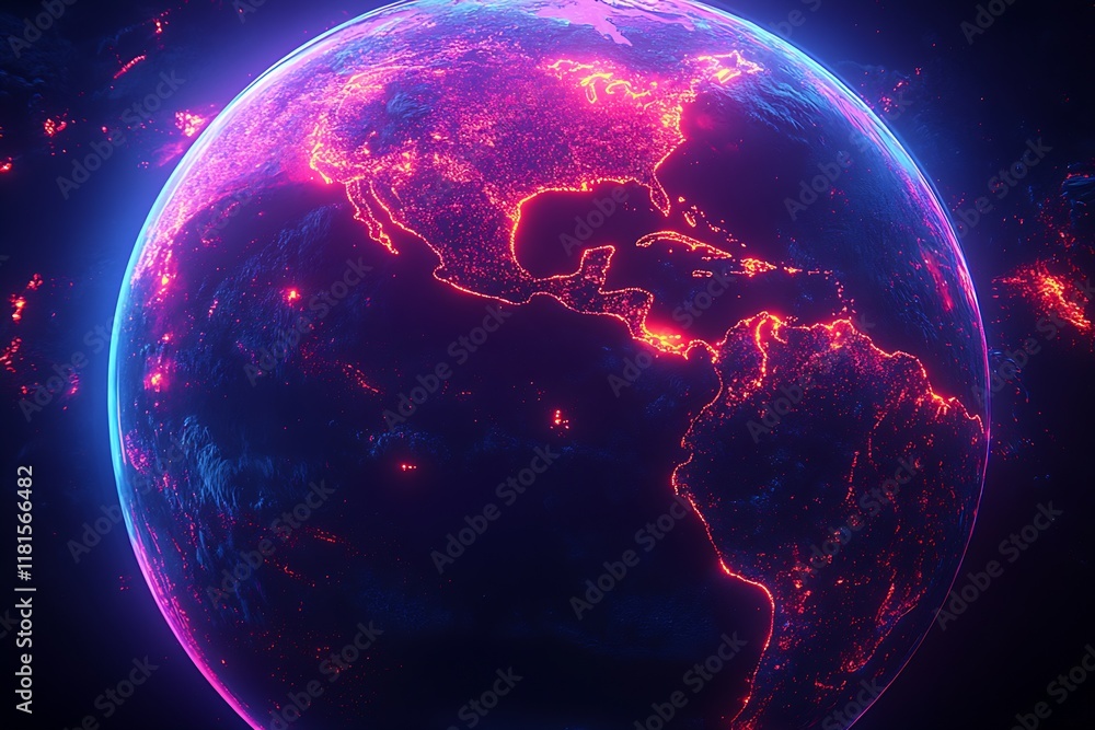 Poster glowing digital earth with illuminated continents in vibrant neon colors : generative ai