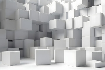 Minimalist and abstract composition of white cubes arranged in random offsets, dynamic block pattern with depth and texture, gradually fading into the background for a clean and modern design
