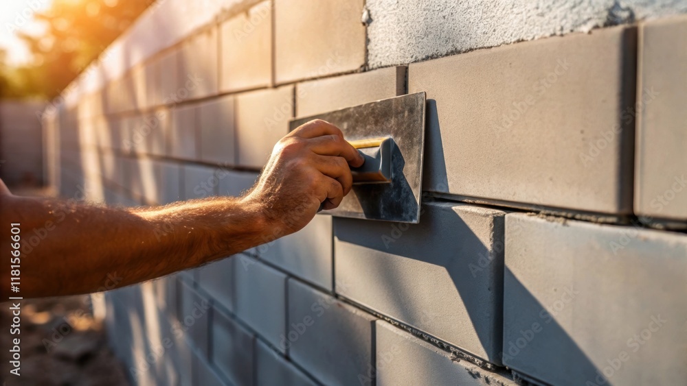 Poster the image captures a closeup of a workers hand smoothing a section of concrete wall with a trowel sh