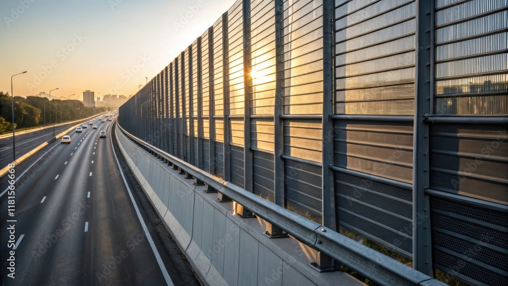 Aufkleber The image focuses on a corner section of an elevated highway showcasing a series of thin vertically positioned noise barriers. The sunlight creates a play of shadows and light on