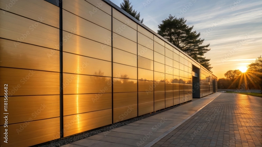 Poster the image features the installation of panels during sunset where the warm golden light casts long s