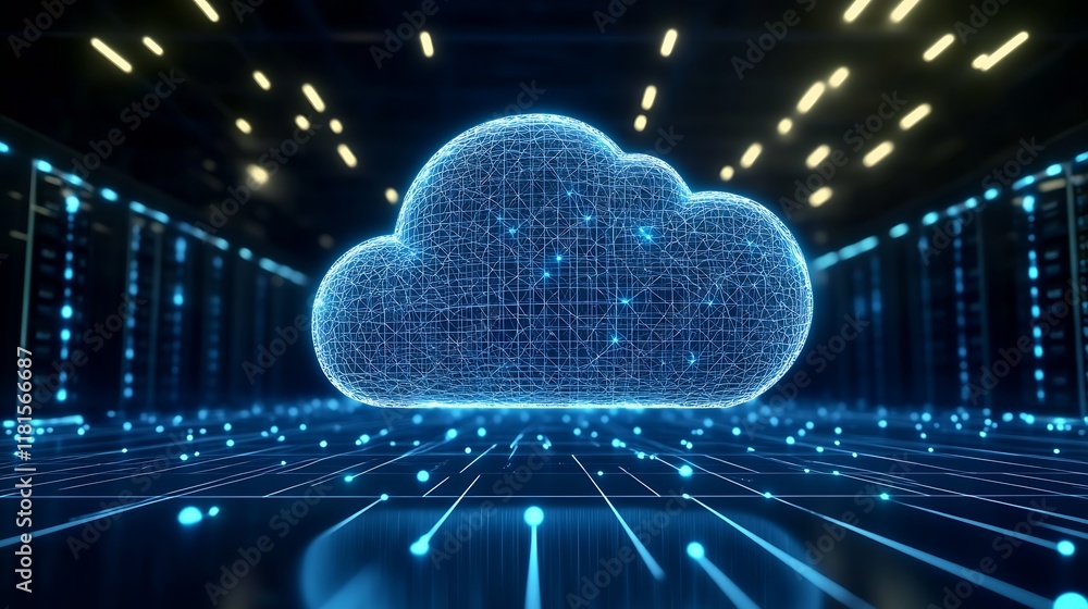 Poster Digital Cloud Technology with Futuristic Data Visualization in Secure Server Environment : Generative AI
