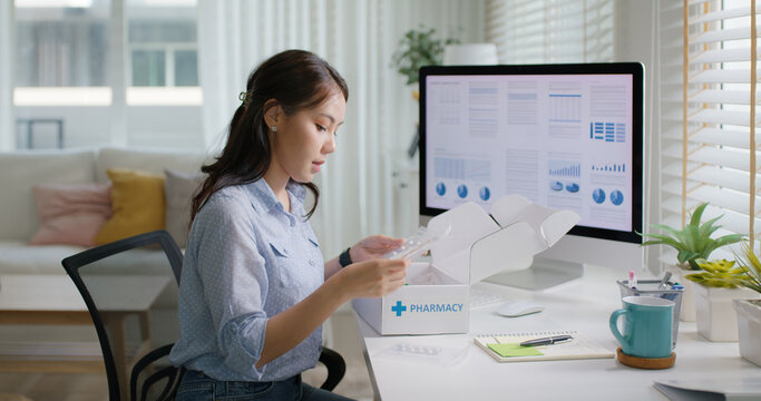 Workforce group health care unbox open Rx mail covid first aid kit drug box self cure. Asia people young woman worker work at home office buy pill order online from telemedicine clinic service store.