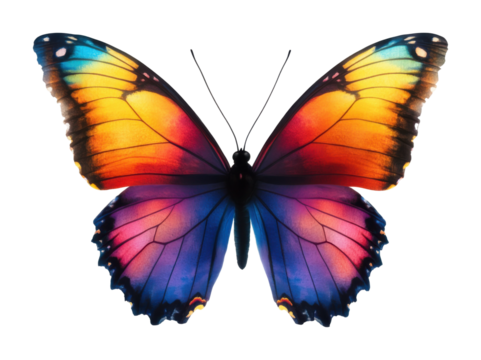 Colorful butterfly illustration with vibrant rainbow wings, detailed artistic insect design, nature-inspired symbol of beauty and freedom, isolated on transparent background