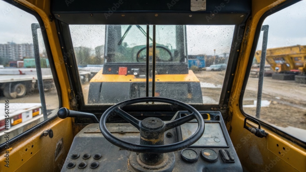 Poster the intricate cab of a concrete mixer shot from an angle that captures the steering wheel and contro