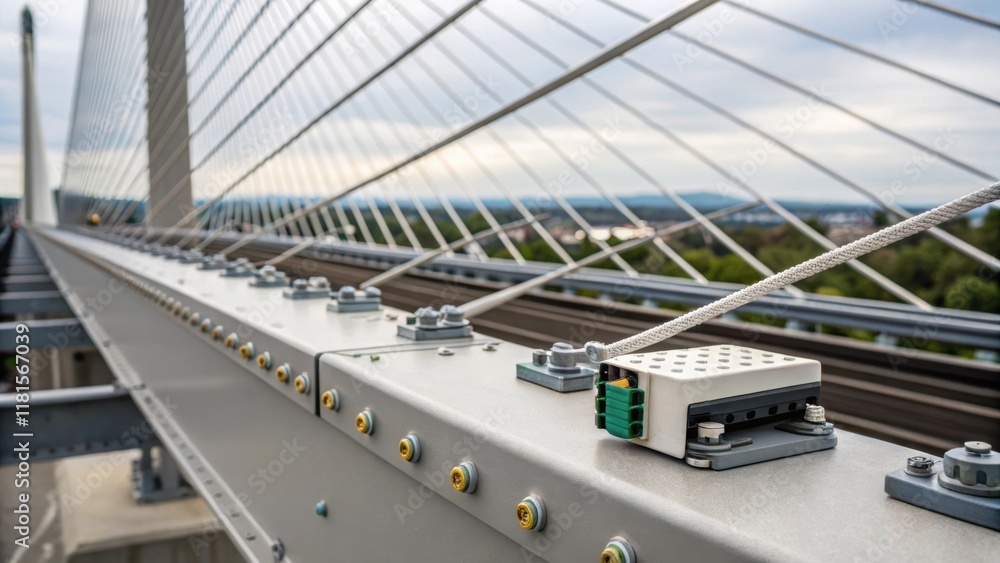 Aufkleber The intricate detail of a modular bridge deck component showcasing an array of embedded sensors and smart technology designed for structural health monitoring. The image captures