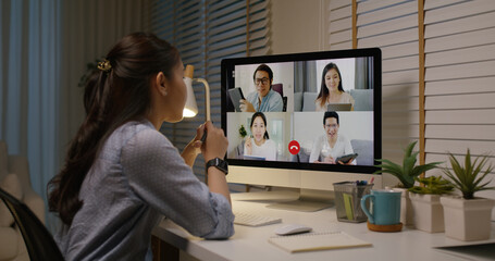 Happy smile asia young talent woman learn mba college class on webcam video call in desktop screen with cowork friend workforce group talk in sale report. Smart job work at home for staff workspace. © ChayTee