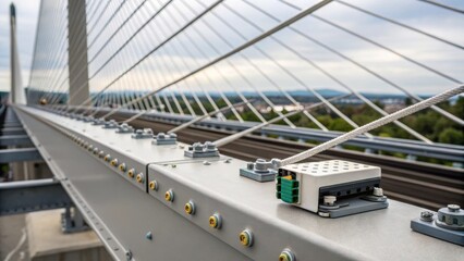 The intricate detail of a modular bridge deck component showcasing an array of embedded sensors and smart technology designed for structural health monitoring. The image captures