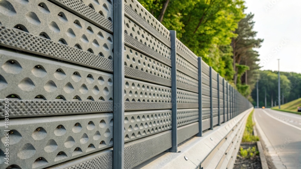 Aufkleber The intricate surface of a modular noise barrier zoomed in to reveal its acoustic properties. Small perforations and grooves are visible demonstrating the engineered design to