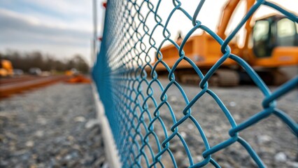 The intricate weave of the fencing material captured in macro showcasing the resilience and flexibility of the plastic mesh that constitutes the temporary barrier while snippets of